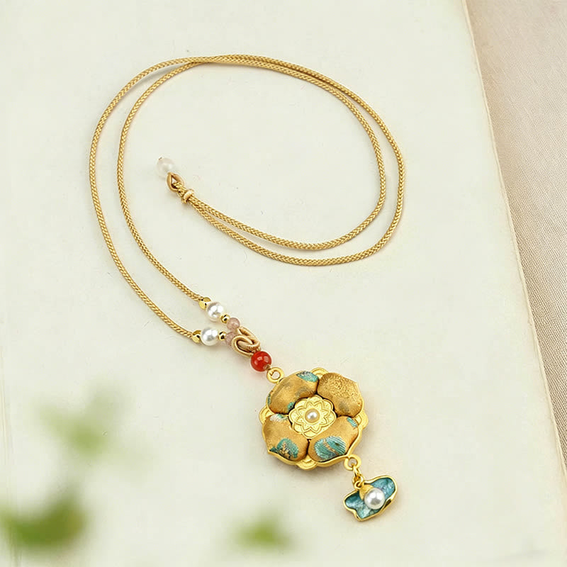 Buddha Stones Collar de la suerte con brocado de trébol de cuatro hojas - image 1