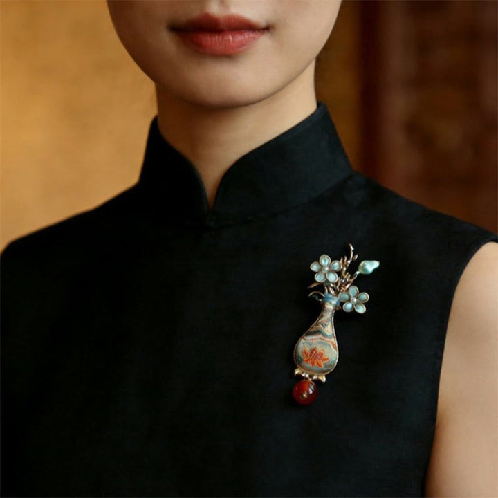 Buddha Stones Broche elegante con diseño de jarrón de flores de brocado Song - image 7