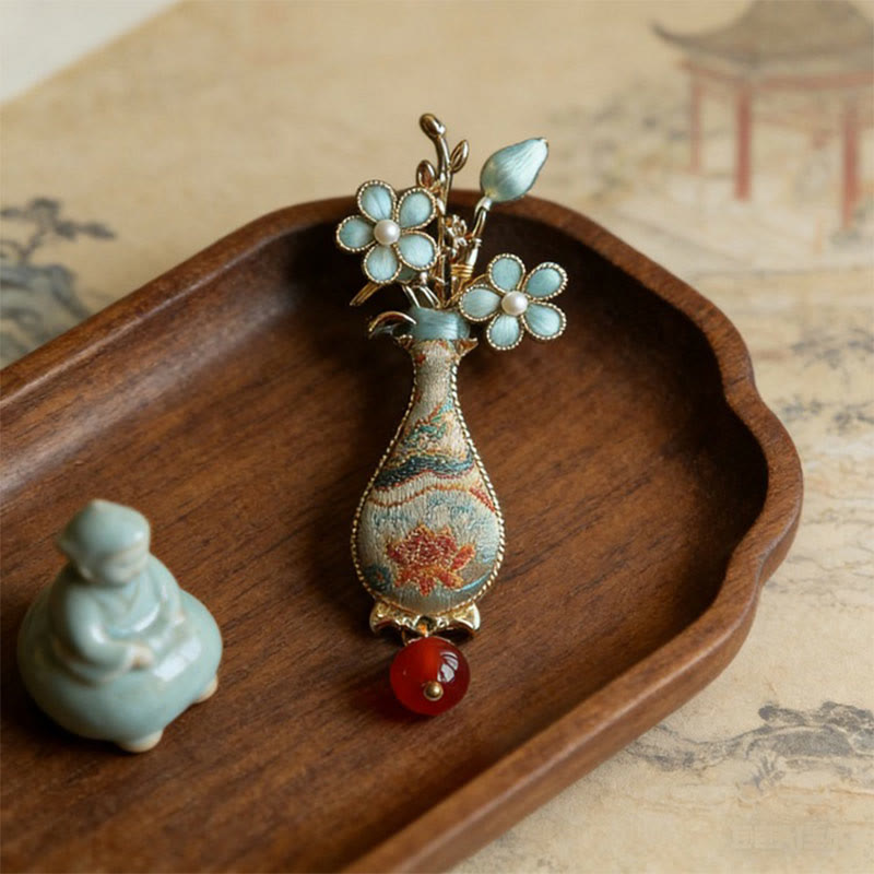 Buddha Stones Broche elegante con diseño de jarrón de flores de brocado Song - image 2