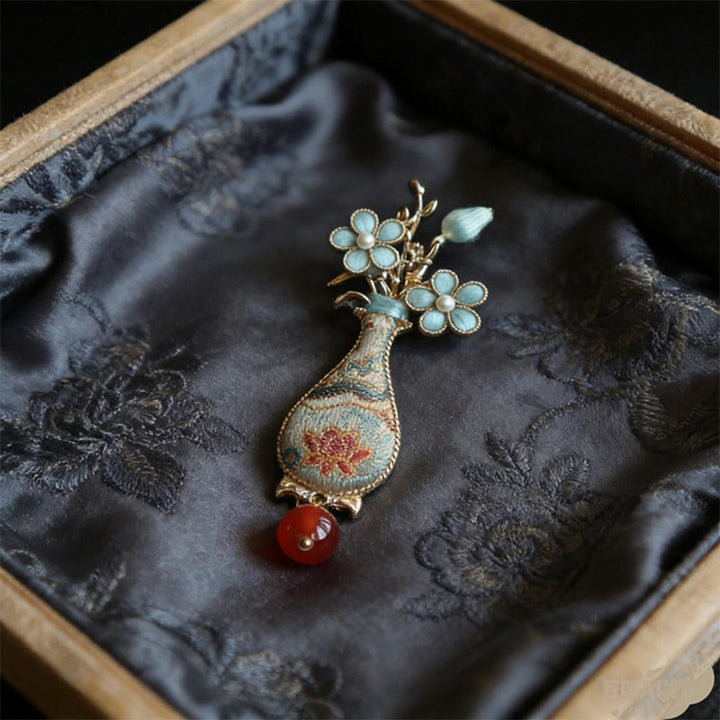 Buddha Stones Broche elegante con diseño de jarrón de flores de brocado Song - image 0