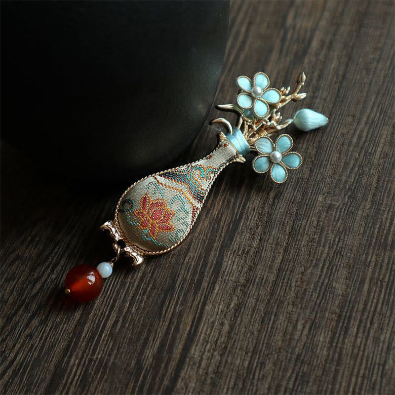 Buddha Stones Broche elegante con diseño de jarrón de flores de brocado Song - image 6