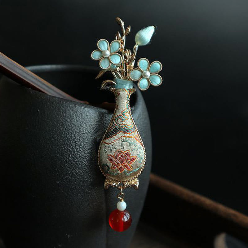 Buddha Stones Broche elegante con diseño de jarrón de flores de brocado Song - image 4