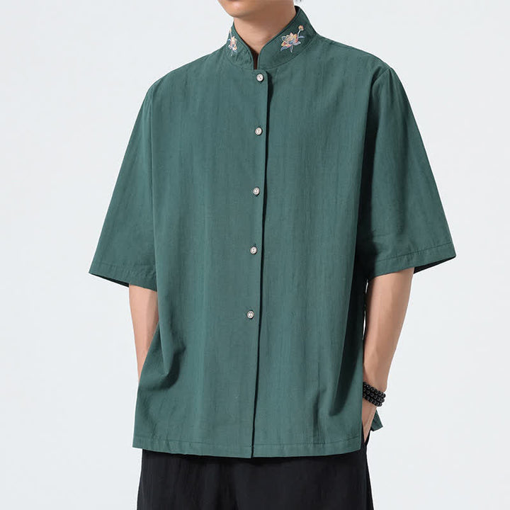 Buddha Stones Camisas de hombre lisas con cuello mandarín y bordado de loto, estilo verano Tang. - Verdemar - US/UK/AU46, EU56 (5XL) - image 0