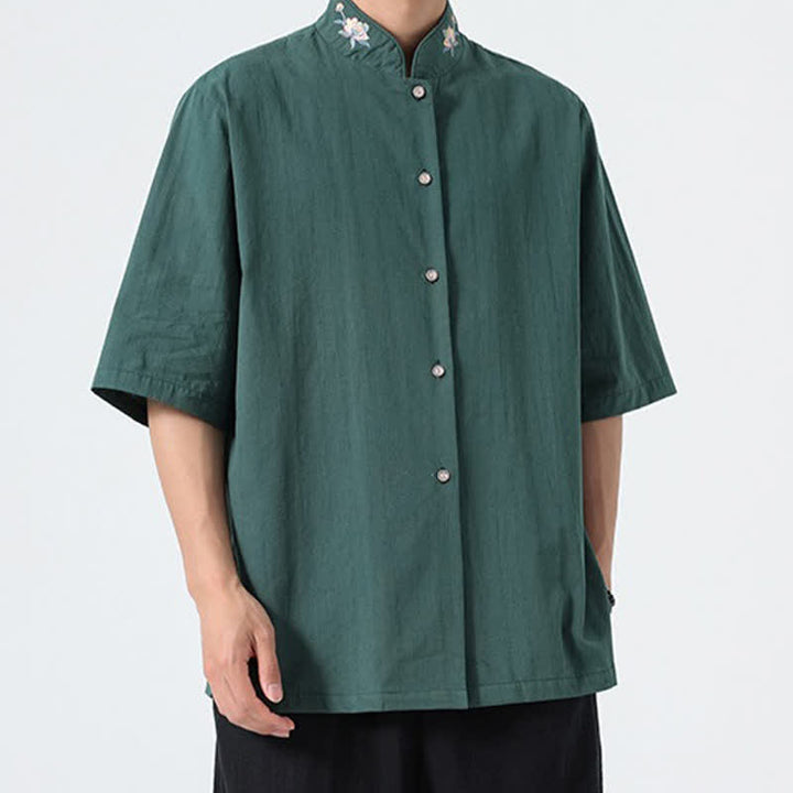 Buddha Stones Camisas de hombre lisas con cuello mandarín y bordado de loto, estilo verano Tang. - image 2