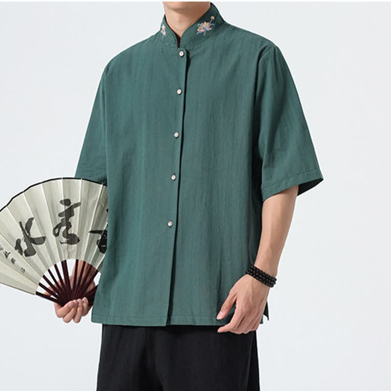 Buddha Stones Camisas de hombre lisas con cuello mandarín y bordado de loto, estilo verano Tang. - image 3
