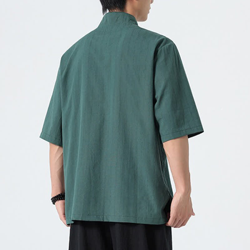 Buddha Stones Camisas de hombre lisas con cuello mandarín y bordado de loto, estilo verano Tang. - image 4