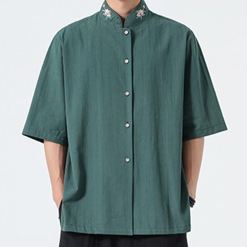 Buddha Stones Camisas de hombre lisas con cuello mandarín y bordado de loto, estilo verano Tang. - image 1