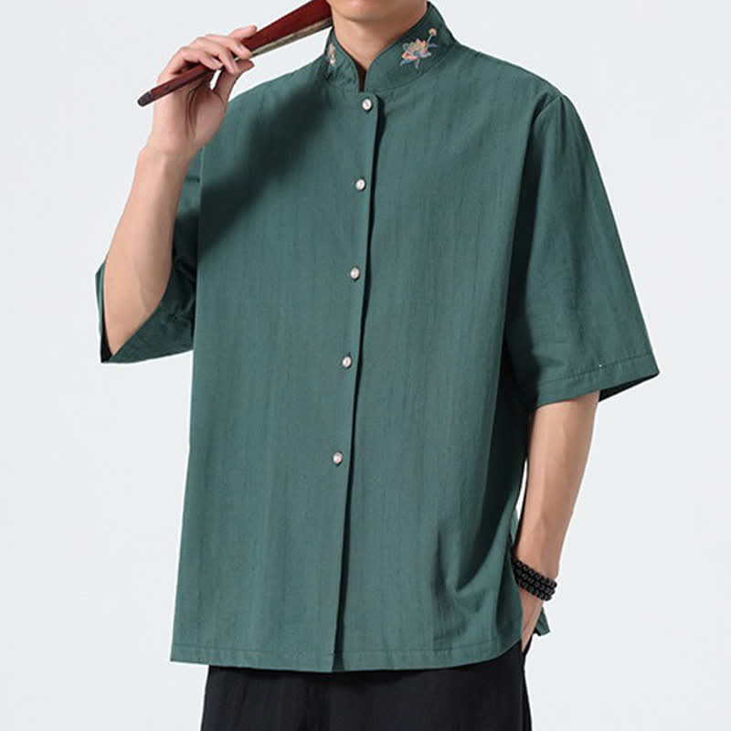 Buddha Stones Camisas de hombre lisas con cuello mandarín y bordado de loto, estilo verano Tang. - image 7