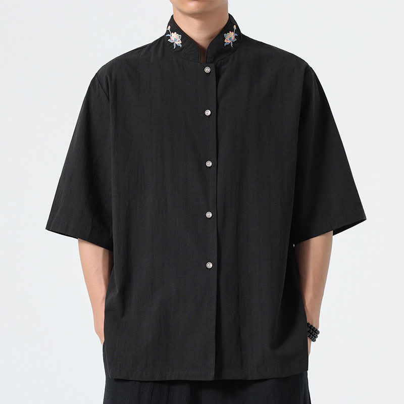 Buddha Stones Camisas de hombre lisas con cuello mandarín y bordado de loto, estilo verano Tang. - Negro - US/UK/AU46, EU56 (5XL) - image 8