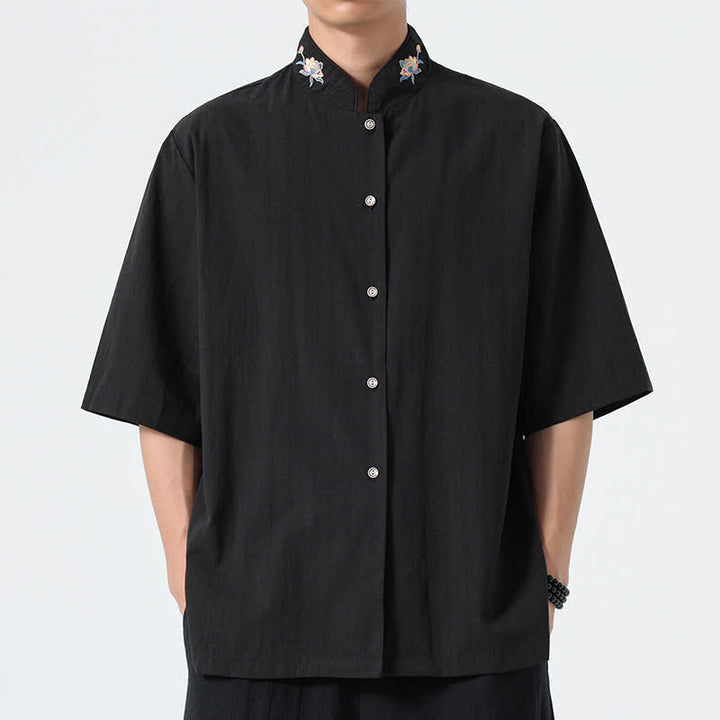 Buddha Stones Camisas de hombre lisas con cuello mandarín y bordado de loto, estilo verano Tang. - Negro - US/UK/AU46, EU56 (5XL) - image 8