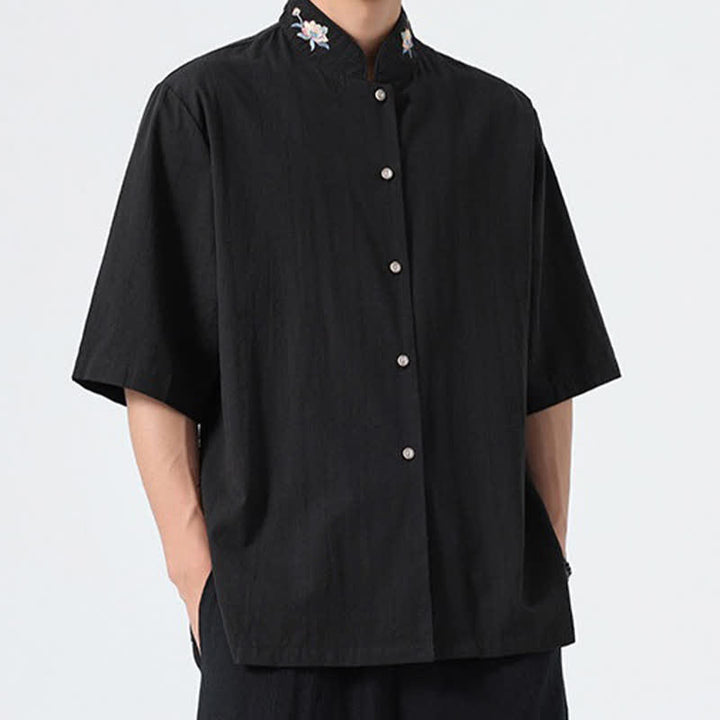 Buddha Stones Camisas de hombre lisas con cuello mandarín y bordado de loto, estilo verano Tang. - image 11