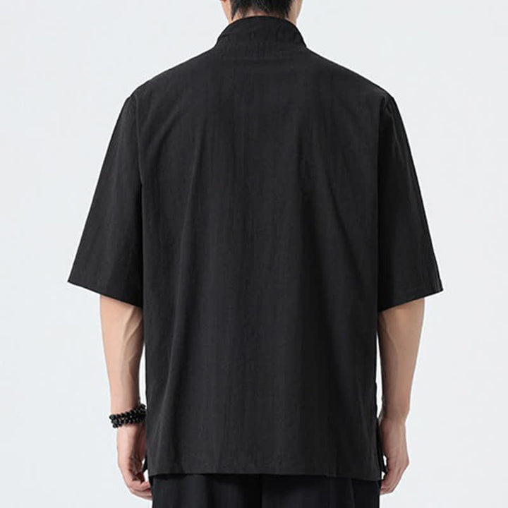 Buddha Stones Camisas de hombre lisas con cuello mandarín y bordado de loto, estilo verano Tang. - image 12