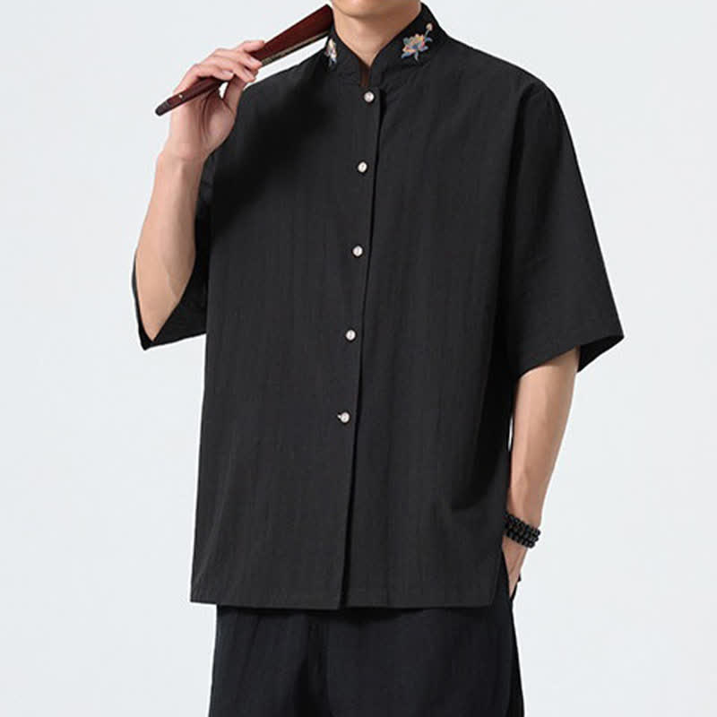 Buddha Stones Camisas de hombre lisas con cuello mandarín y bordado de loto, estilo verano Tang. - image 15