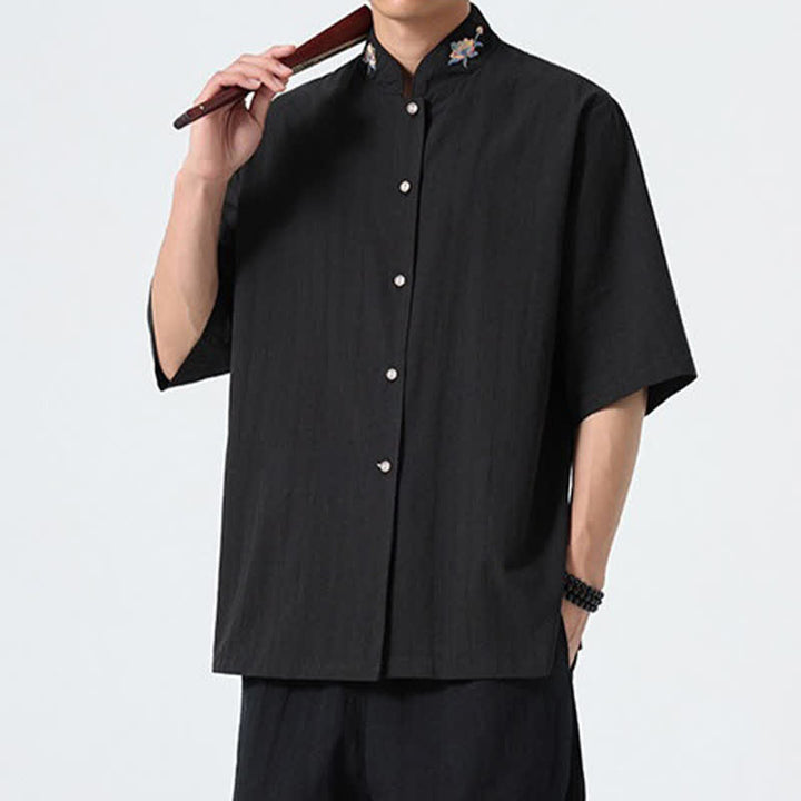 Buddha Stones Camisas de hombre lisas con cuello mandarín y bordado de loto, estilo verano Tang. - image 15