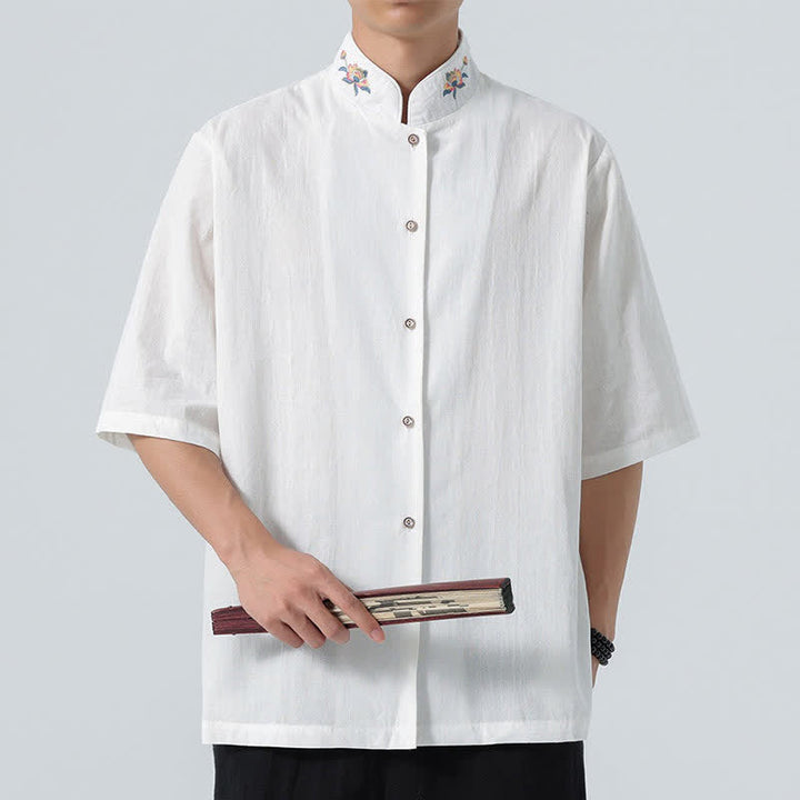 Buddha Stones Camisas de hombre lisas con cuello mandarín y bordado de loto, estilo verano Tang. - Blanco - US/UK/AU46, EU56 (5XL) - image 16