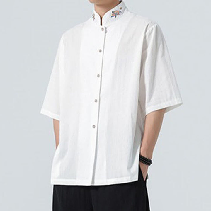 Buddha Stones Camisas de hombre lisas con cuello mandarín y bordado de loto, estilo verano Tang. - image 19