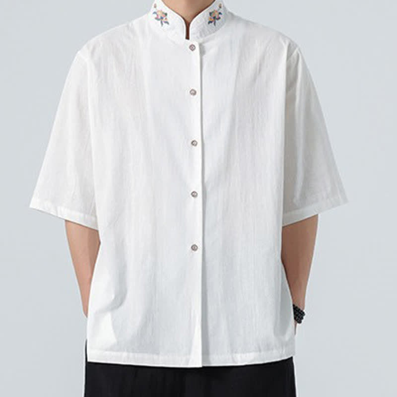 Buddha Stones Camisas de hombre lisas con cuello mandarín y bordado de loto, estilo verano Tang. - image 18
