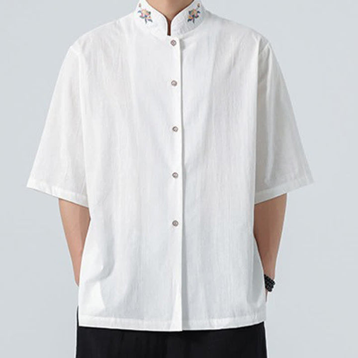 Buddha Stones Camisas de hombre lisas con cuello mandarín y bordado de loto, estilo verano Tang. - image 18
