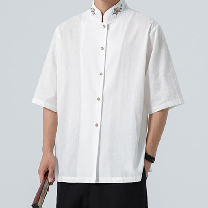 Buddha Stones Camisas de hombre lisas con cuello mandarín y bordado de loto, estilo verano Tang. - image 23
