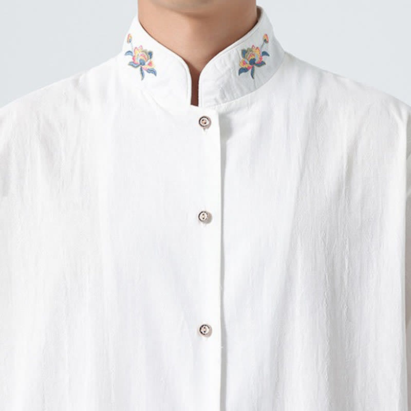 Buddha Stones Camisas de hombre lisas con cuello mandarín y bordado de loto, estilo verano Tang. - image 24