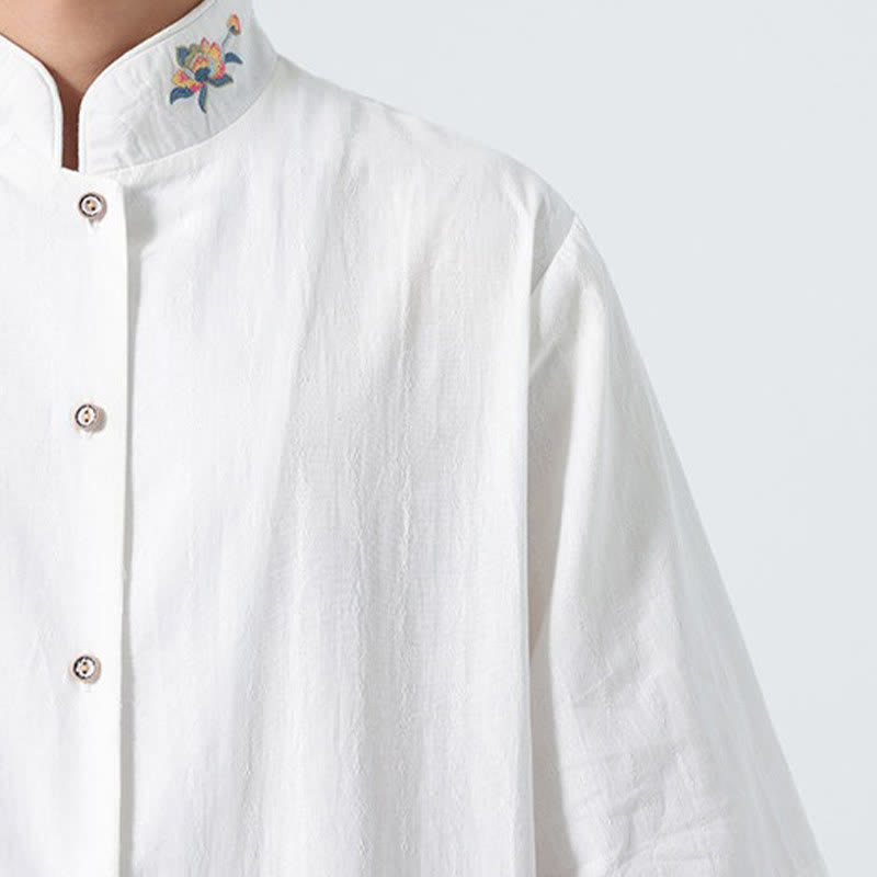 Buddha Stones Camisas de hombre lisas con cuello mandarín y bordado de loto, estilo verano Tang. - image 25