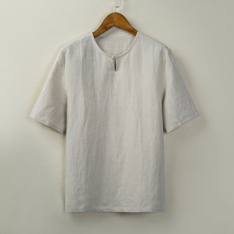 Buddha Stones Camisas de hombre lisas con botones y abertura lateral, estilo Tang, para verano. - Lino - US/UK/AU44, EU54 (4XL) - image 0