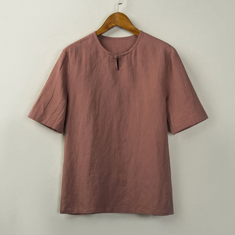 Buddha Stones Camisas de hombre lisas con botones y abertura lateral, estilo Tang, para verano. - Salmón oscuro - US/UK/AU44, EU54 (4XL) - image 6