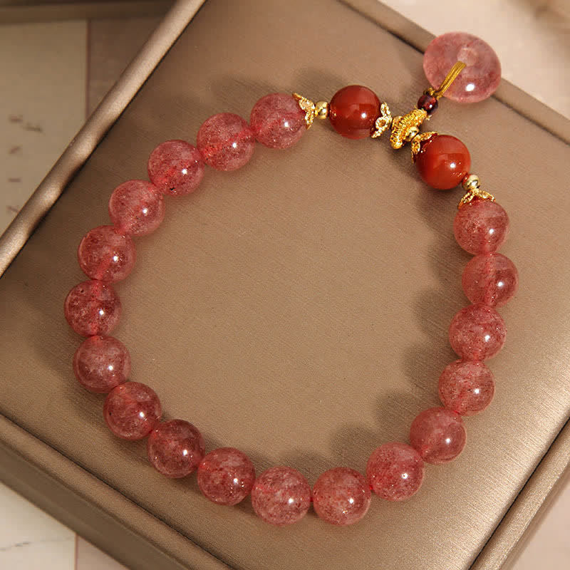 Buddha Stones Pulsera redonda de cuentas con hebilla de paz y amor de cuarzo fresa - image 7