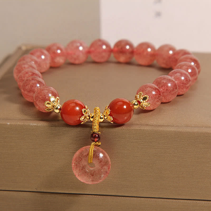 Buddha Stones Pulsera redonda de cuentas con hebilla de paz y amor de cuarzo fresa - image 1
