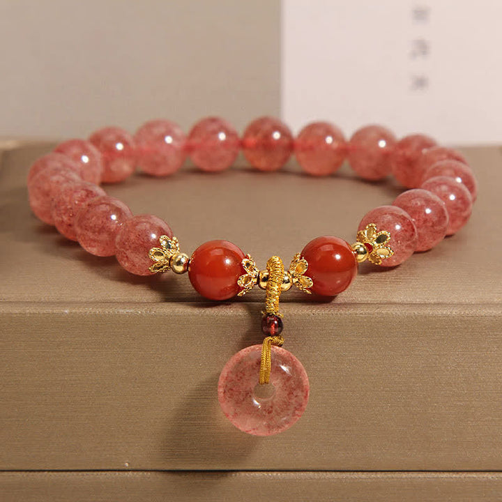 Buddha Stones Pulsera redonda de cuentas con hebilla de paz y amor de cuarzo fresa - Cuarzo fresa (Amor ♥ Sanación) - image 0