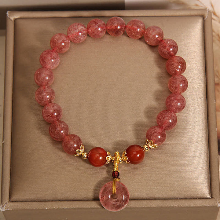 Buddha Stones Pulsera redonda de cuentas con hebilla de paz y amor de cuarzo fresa - image 4