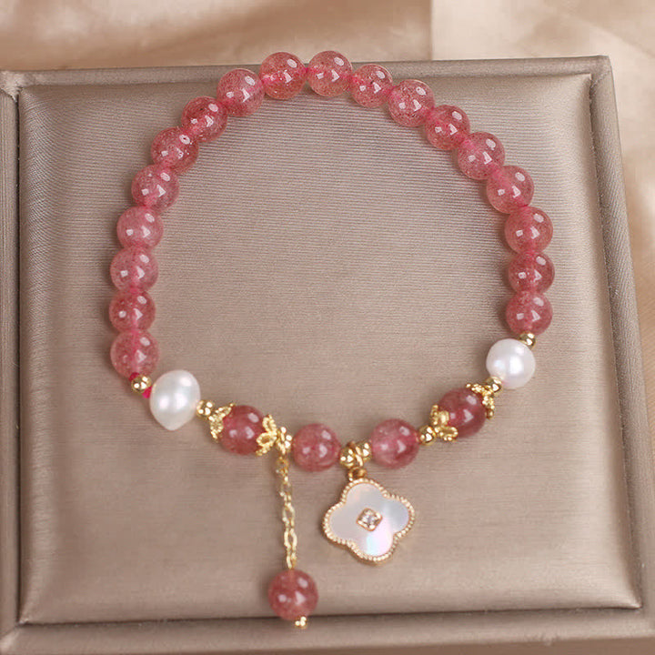 Buddha Stones Pulsera redonda de cuentas de cuarzo fresa, perla y trébol de cuatro hojas. - image 9