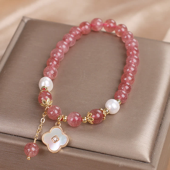 Buddha Stones Pulsera redonda de cuentas de cuarzo fresa, perla y trébol de cuatro hojas. - image 7