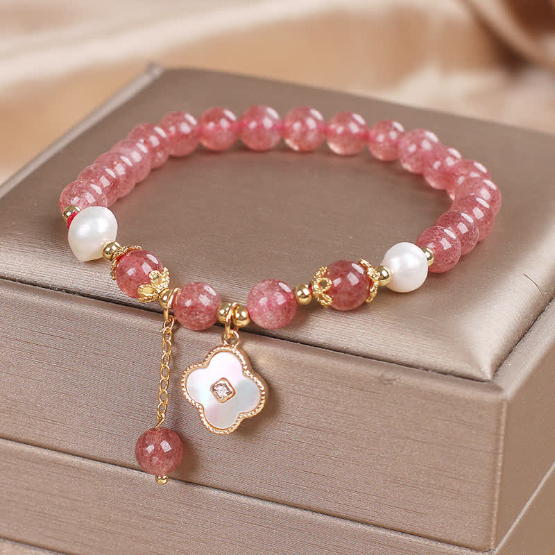 Buddha Stones Pulsera redonda de cuentas de cuarzo fresa, perla y trébol de cuatro hojas. - image 3