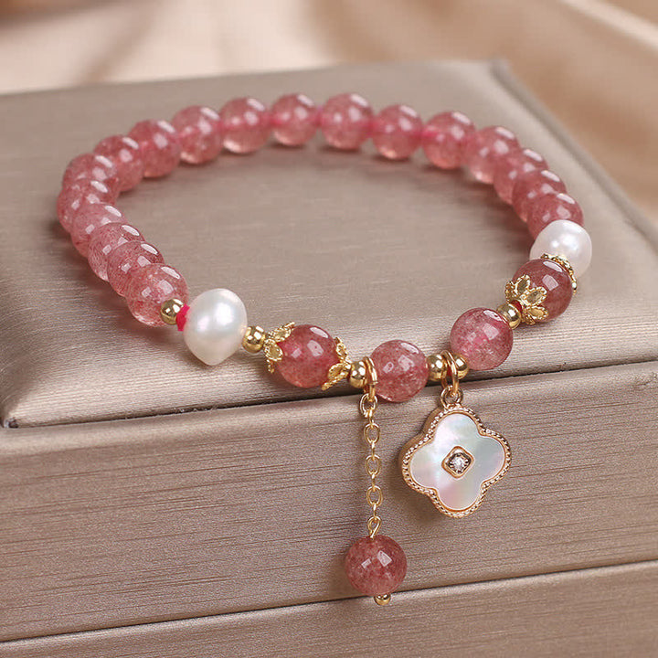 Buddha Stones Pulsera redonda de cuentas de cuarzo fresa, perla y trébol de cuatro hojas. - image 1