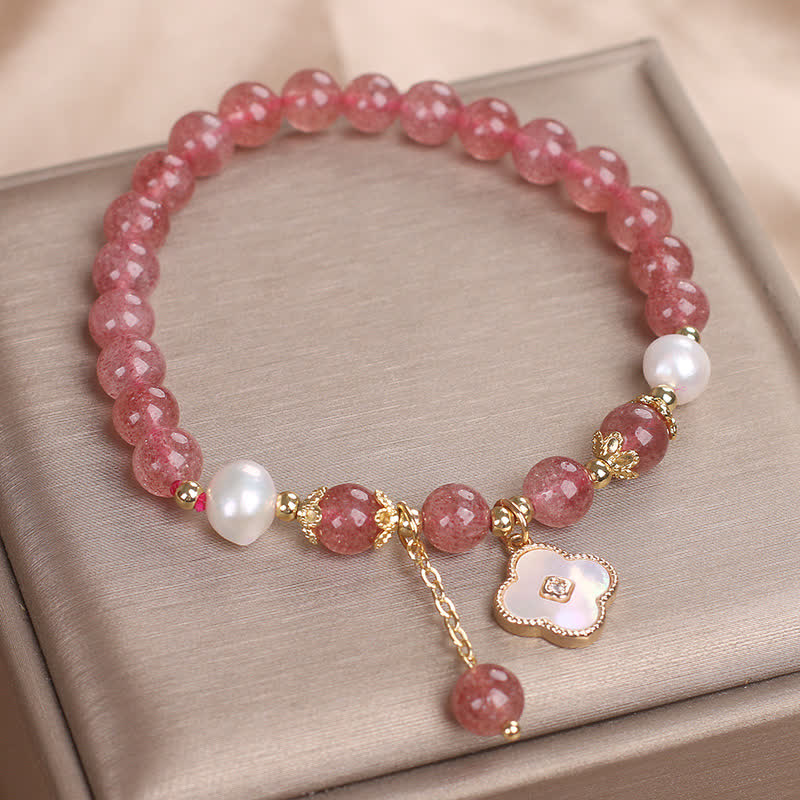 Buddha Stones Pulsera redonda de cuentas de cuarzo fresa, perla y trébol de cuatro hojas. - image 8