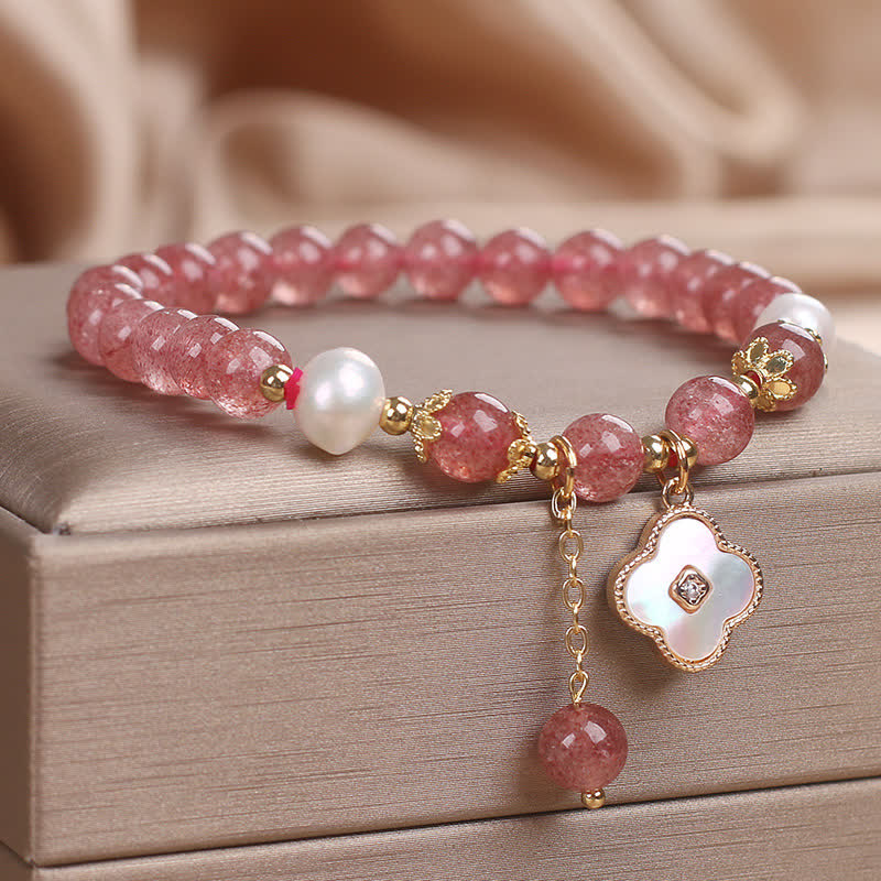Buddha Stones Pulsera redonda de cuentas de cuarzo fresa, perla y trébol de cuatro hojas. - image 2