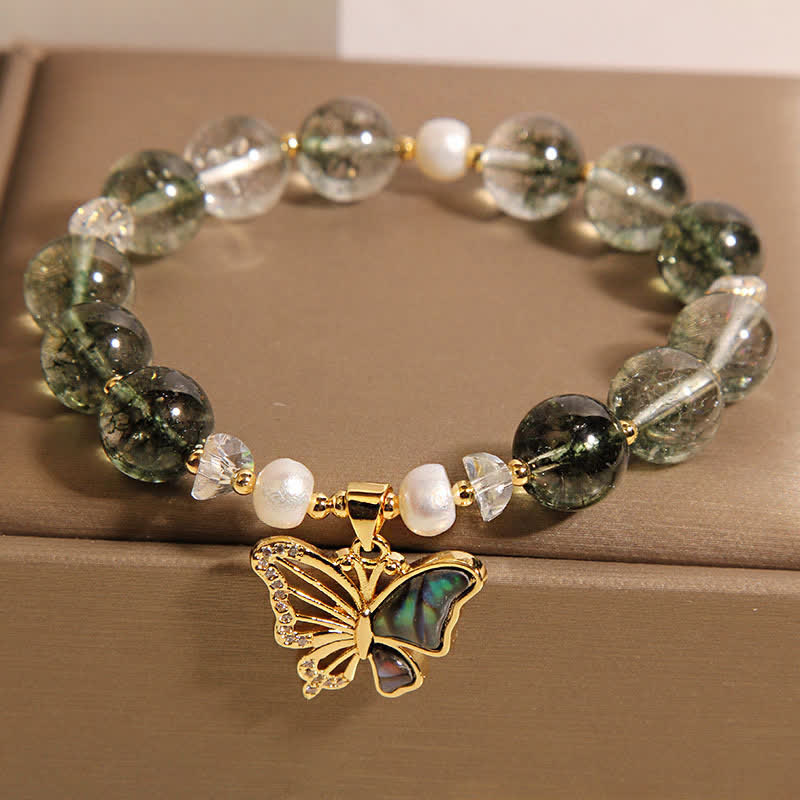 Buddha Stones Pulsera de cuentas con mariposa y detalles de perlas fantasma verdes - image 3