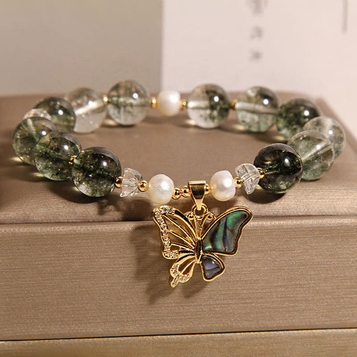 Buddha Stones Pulsera de cuentas con mariposa y detalles de perlas fantasma verdes - image 2