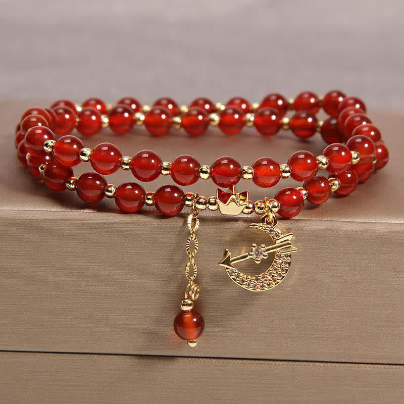 Buddha Stones Pulsera de cuentas de doble vuelta con diseño de luna y corona para purificación - Ágata Roja (Confianza ♥ Calma) - image 2