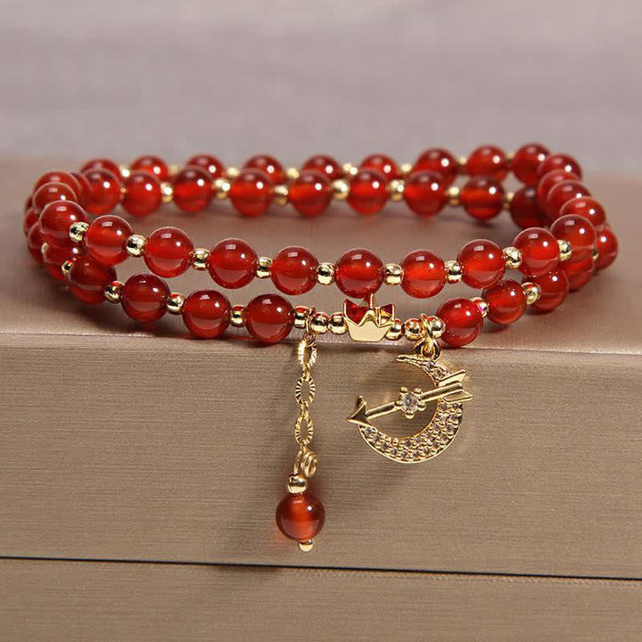 Buddha Stones Pulsera de cuentas de doble vuelta con diseño de luna y corona para purificación - Ágata Roja (Confianza ♥ Calma) - image 2