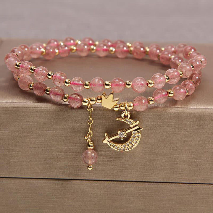 Buddha Stones Pulsera de cuentas de doble vuelta con diseño de luna y corona para purificación - Cuarzo fresa (Amor ♥ Sanación) - image 1