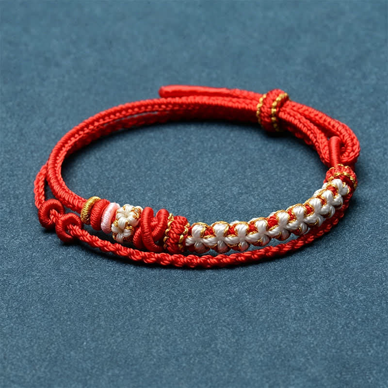 Buddha Stones Pulsera de doble capa con nudos de flor de durazno tejida a mano - Rojo - Sin accesorios - image 4