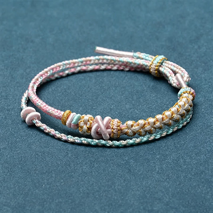 Buddha Stones Pulsera de doble capa con nudos de flor de durazno tejida a mano - Rosa - Sin accesorios - image 12