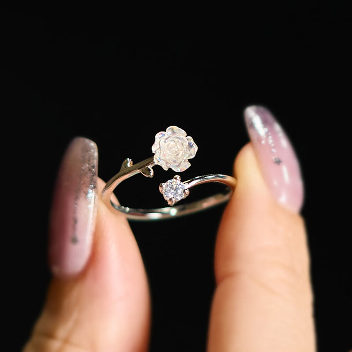 Buddha Stones Anillo protector ajustable de plata de ley 999 con circonitas en forma de flor. - image 4