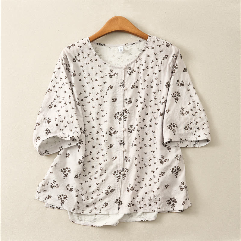 Buddha Stones Camisa informal de mujer con estampado floral y mangas tres cuartos con botones. - Gris claro - US12, UK/AU16, EU44 (3XL) - image 15