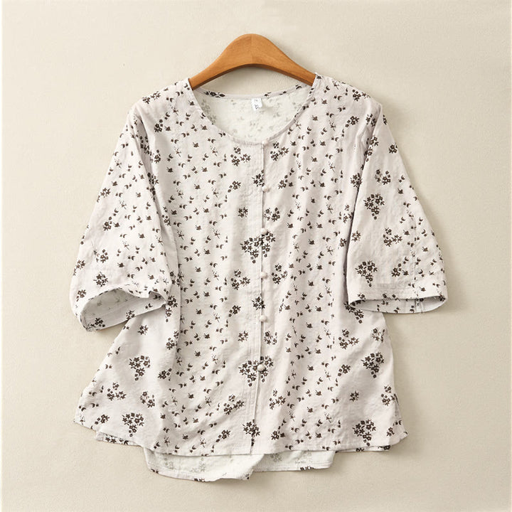 Buddha Stones Camisa informal de mujer con estampado floral y mangas tres cuartos con botones. - Gris claro - US12, UK/AU16, EU44 (3XL) - image 15