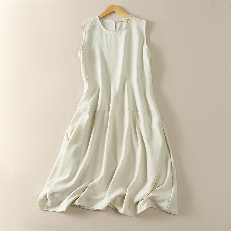Buddha Stones Vestido midi de algodón de talle alto sin mangas con bolsillos para mujer, ideal para el verano. - Lino - US12, UK/AU16, EU44 (2XL) - image 3
