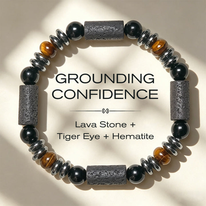 Buddha Stones Pulsera poderosa de obsidiana ojo de tigre natural, hematita y roca de lava - 15-17 cm - image 0