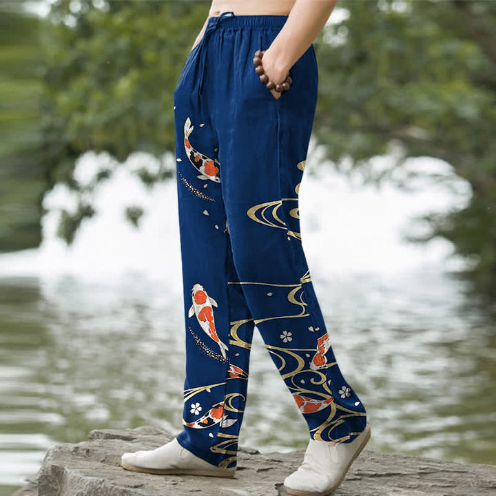 Buddha Stones Pantalones de hombre de algodón con estampado de peces koi y corte ajustado, con bolsillos. - image 9